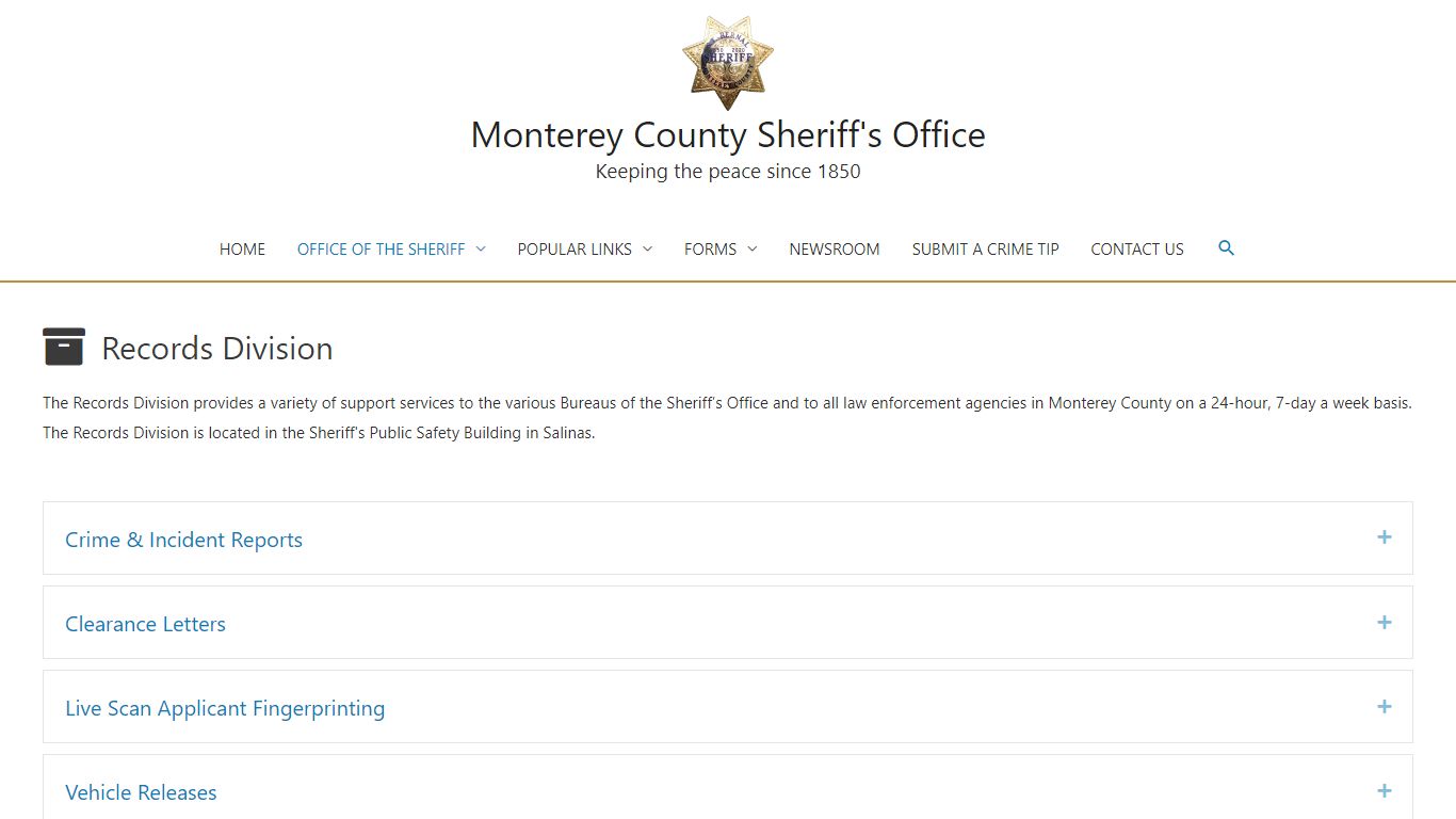 Records Division – Monterey County Sheriff's Office